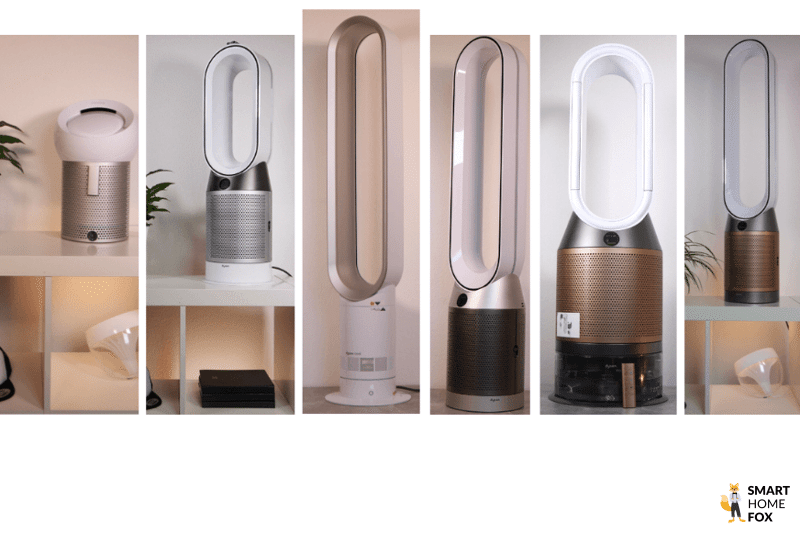 Различные воздухоочистители и вентиляторы Dyson стоят бок о бок во время тестирования и сравнения